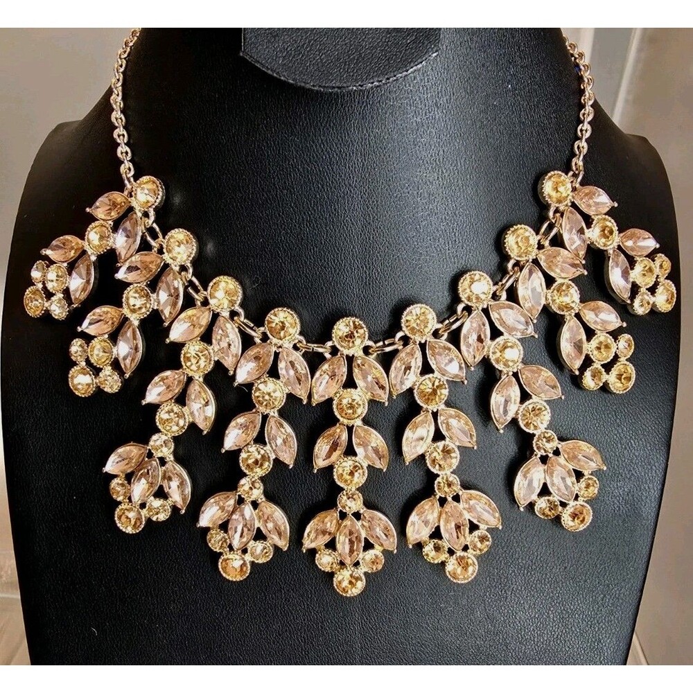 Statement Rhinestone Bib Necklace Champagne Amber Crystal Gold Tone Fringe Drop